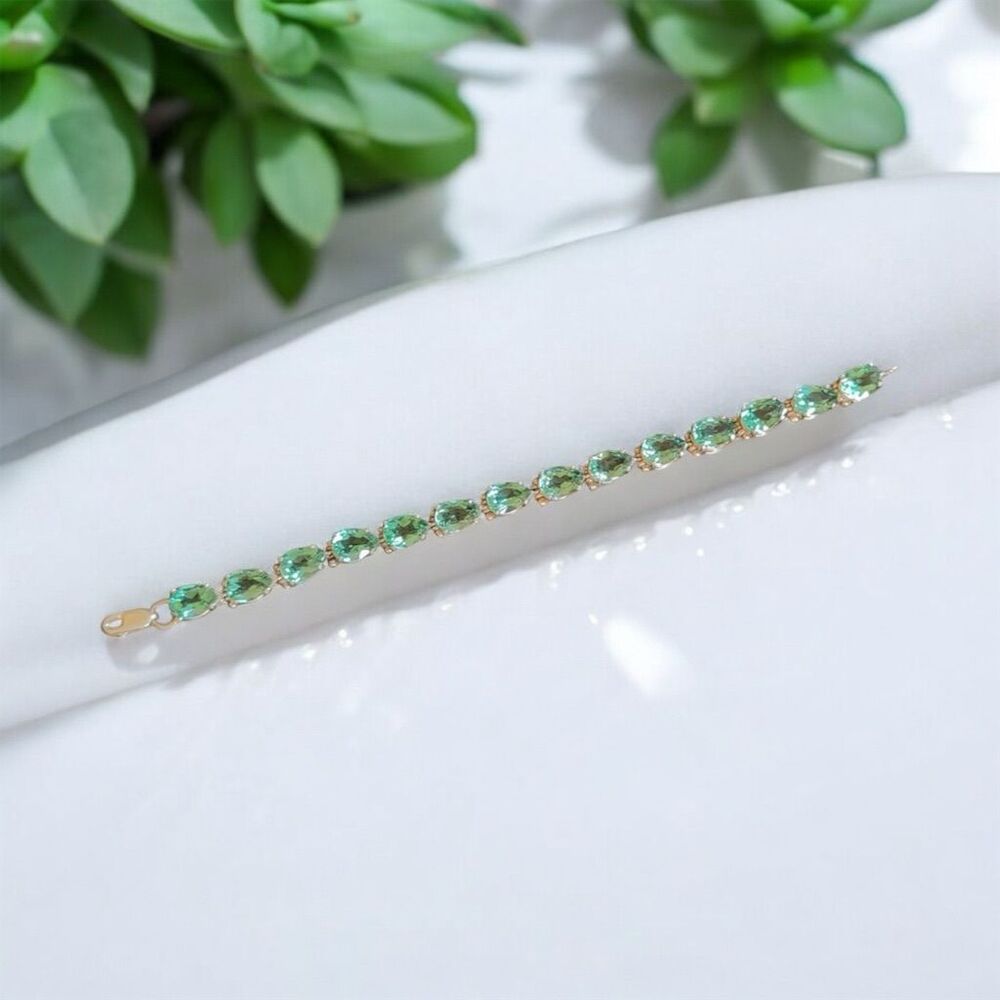 925 Sterling Silver Green Pear Teardrop Gemstone Lobster Clasp Bracelet 7.25”